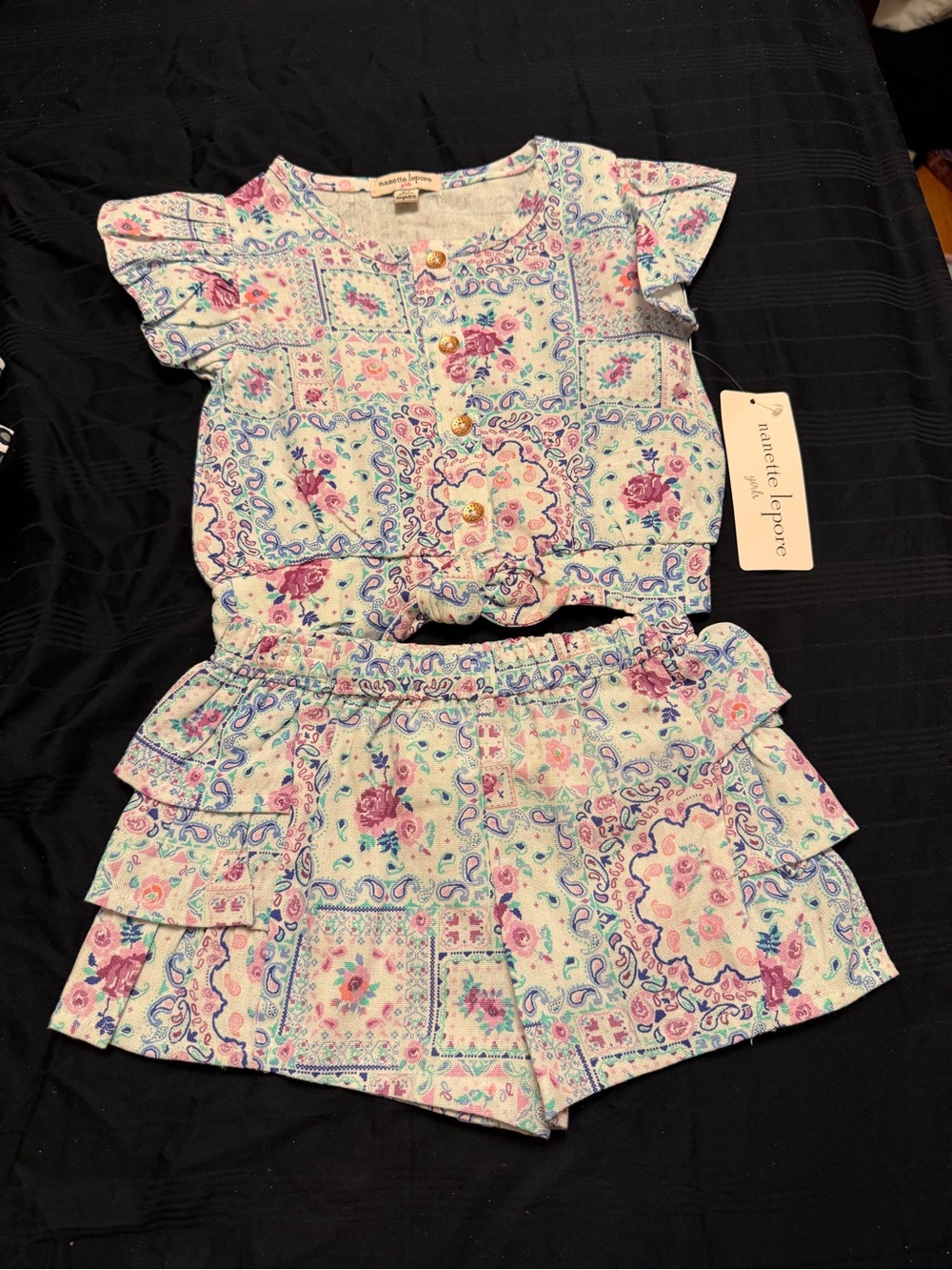 Nanette Lepore Girls Pastel Floral Paisley Crop Top & Tiered Shorts Set